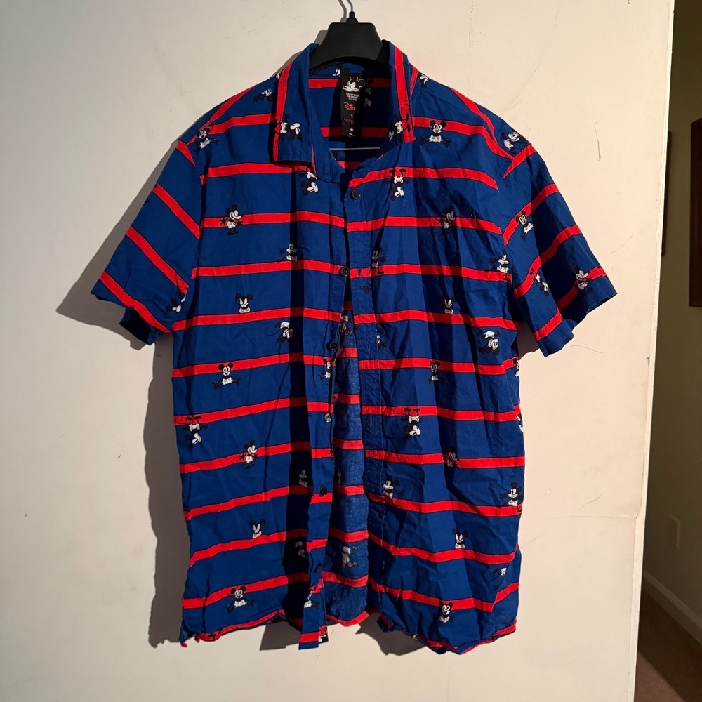 Disney Forever 21 Mens Large Blue Red Striped‎ Button Down Retro